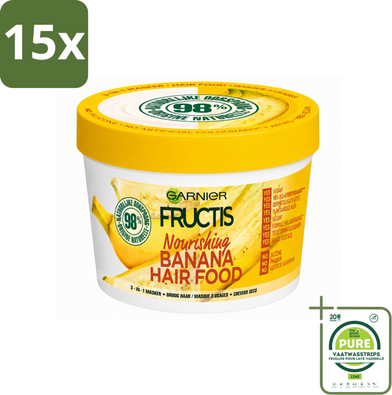 15 x Garnier - Fructis Hair Food Banana - 3-in-1 Haarmasker - Voedend - Droog Haar - 400 ml - Grootverpakking - Vaatwasstrips - Haarmasker Kokosmelk - Haarmasker Macadamia - Haarmasker Normaal Haar - Haarmasker Droog Haar - Haarmasker 97% Natuurlijk
