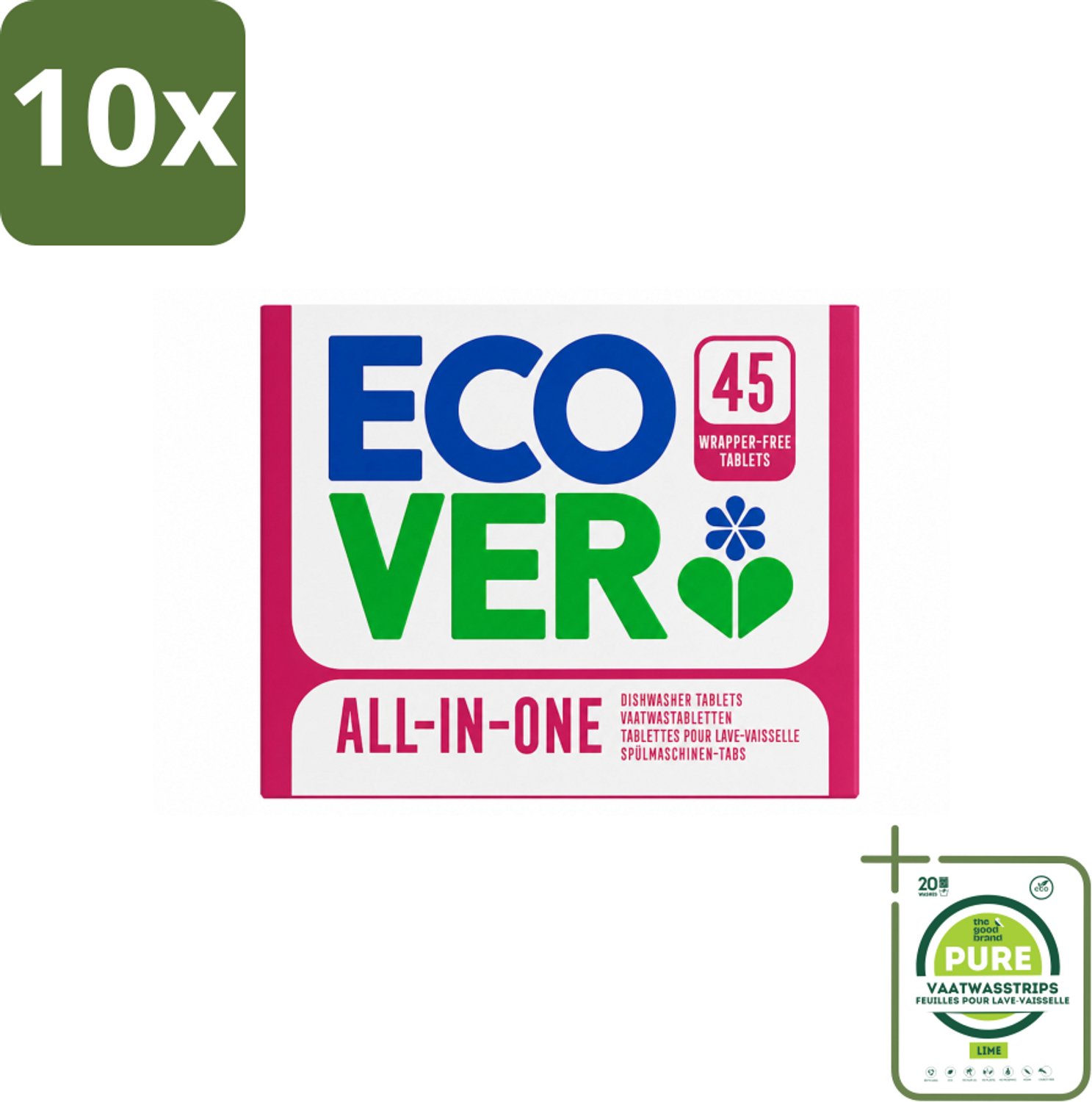 10 x Ecover - Vaatwastabletten All-in-One - Lemon & Mandarin - 45 Tabs - Grootverpakking - Vaatwasstrips - Vaatwasmiddel - Vaatwastablet - Citroen - Mandarijn - Duurzaam