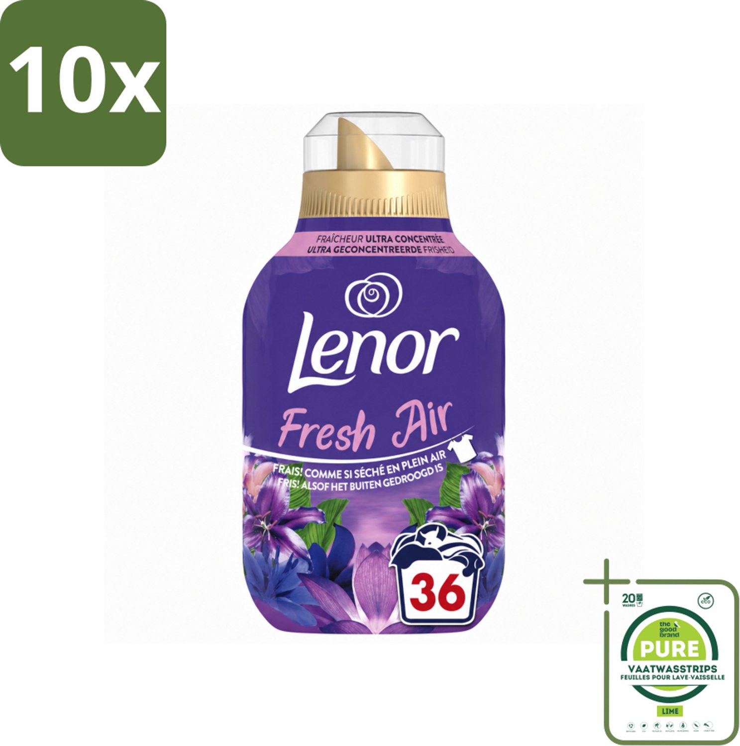 10 x Lenor - Wasverzachter - Fresh Air Maneschijn - Ultra Geconcentreerd - 36 Wasbeurten - Grootverpakking - Vaatwasstrips - Wasverzachter - Frisheid - Buiten Geur - Wasgoed - Kledingbescherming
