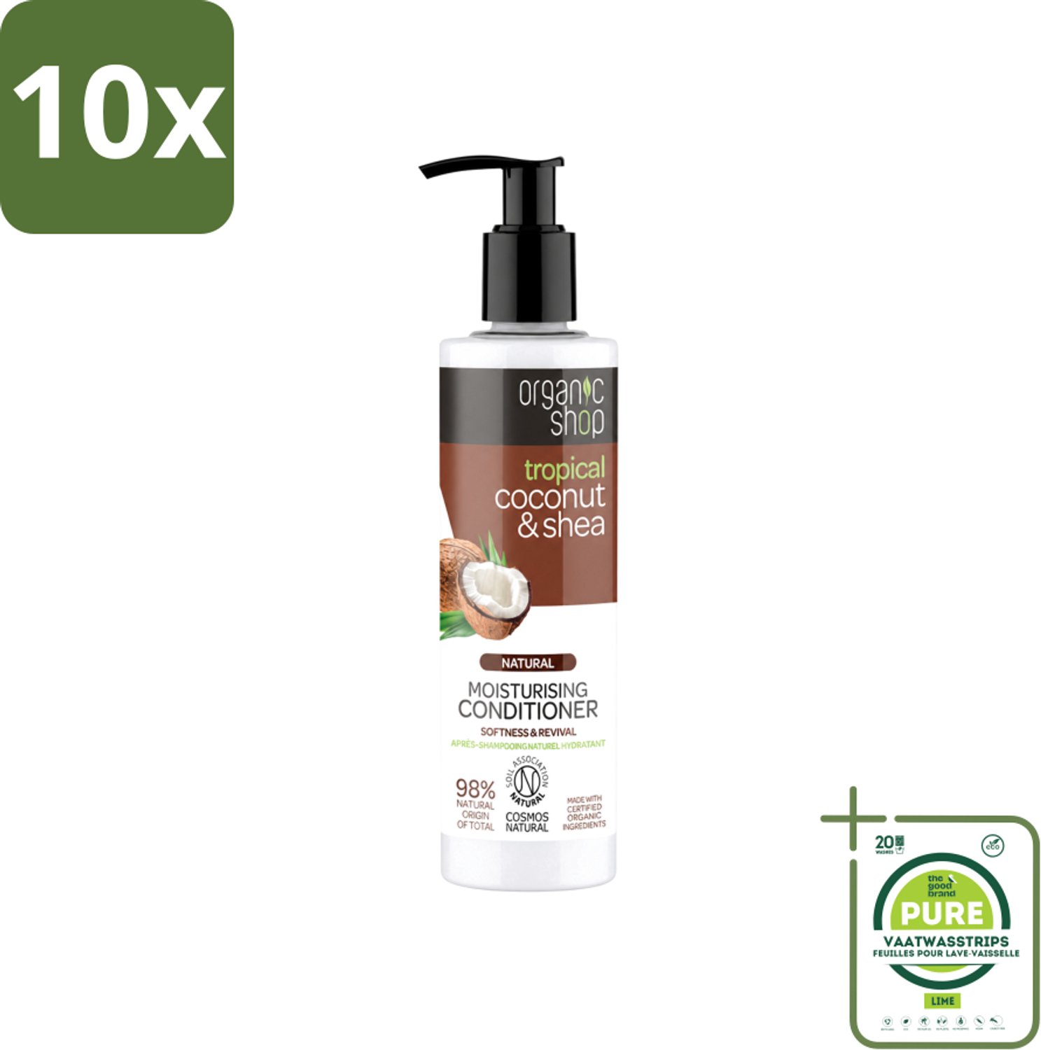 10 x Organic Shop - Coconut & Shea Conditioner - Verzorgend en Voedend - 280 ml - Grootverpakking - Vaatwasstrips - Haarverzorging - Natuurlijke Conditioner - Kokosolie - Shea - Hydratatie