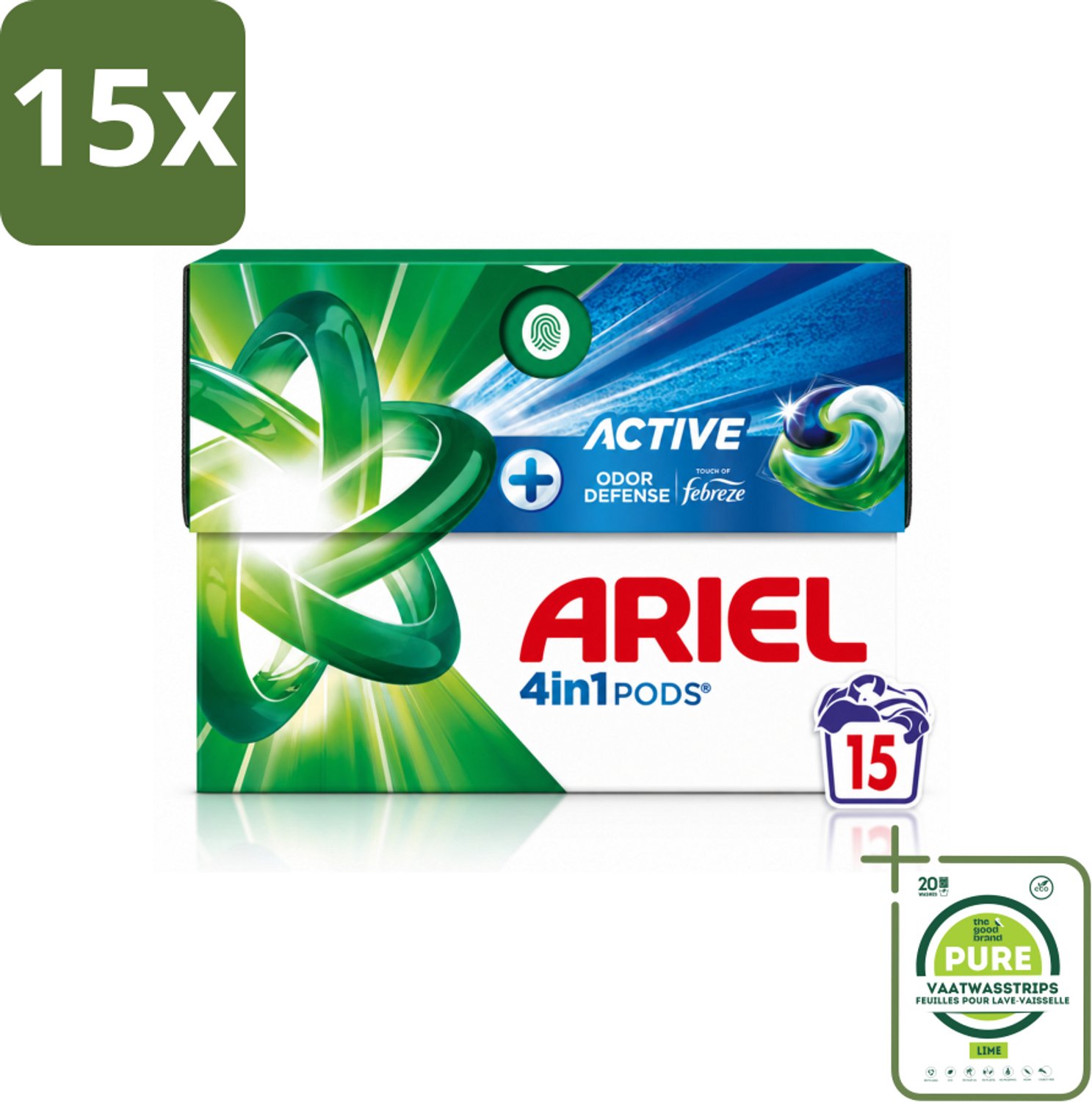 15 x Ariel - 4in1 Wasmiddel Pods - Actieve Geurbestrijding - 15 Pods - Grootverpakking - Vaatwasstrips - Wasmiddel Pod - Geurverzorging - Zweetgeuren Verwijderen - Frisheid - Wasmiddel Voor Kleding