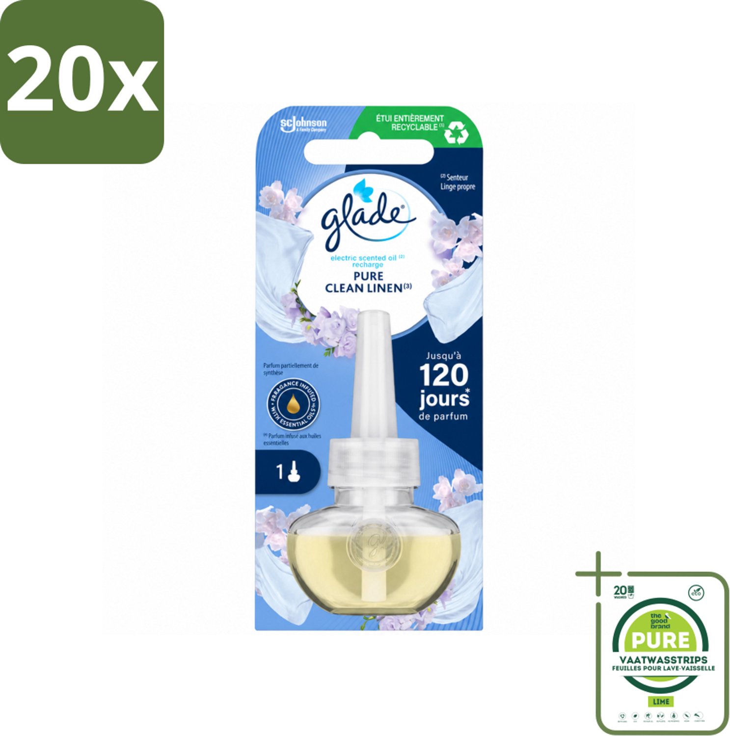 20 x Glade - Navulling Elektrische Olie - Pure Clean Linen - Zonder Houder - Grootverpakking - Vaatwasstrips - Geur - Linen - Sfeer - Geurafgifte - Essentiële Oliën