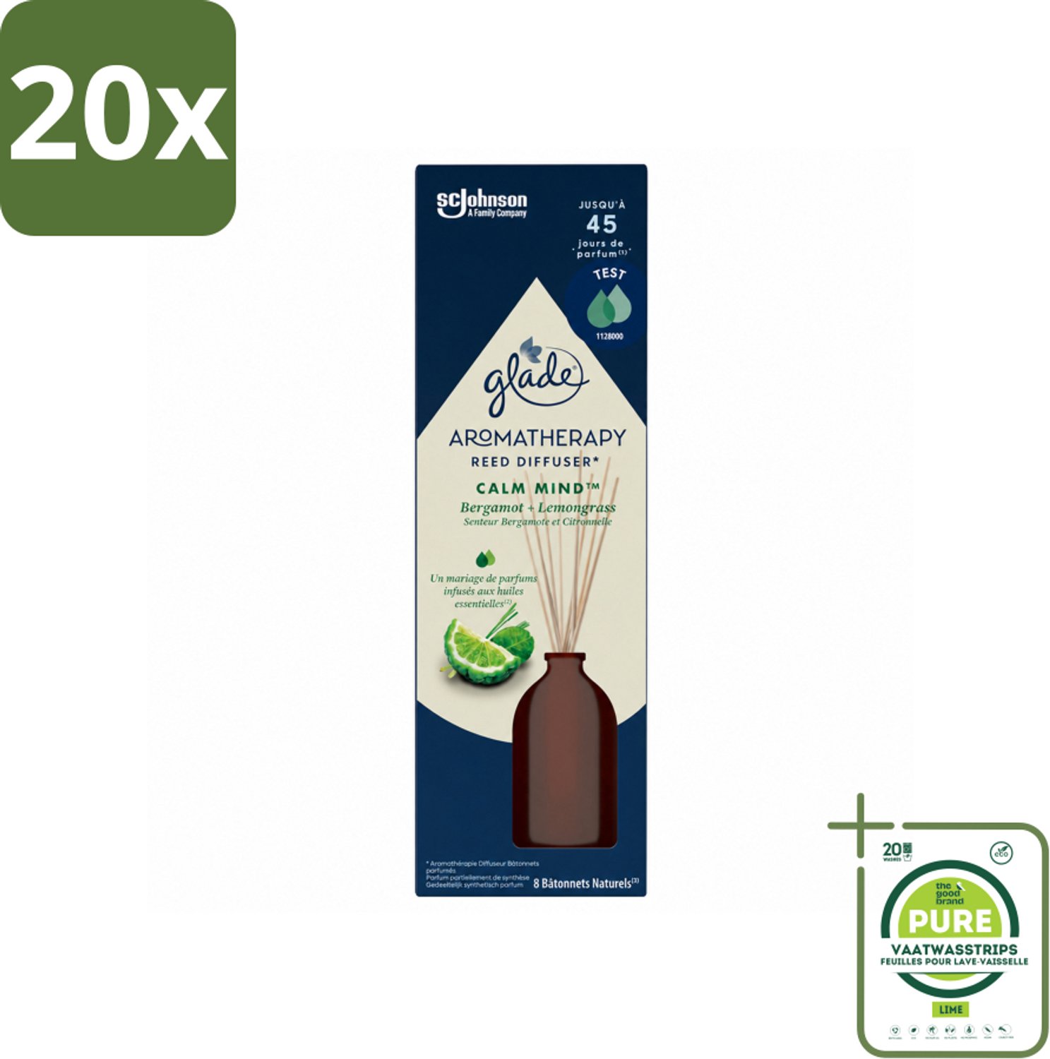 20 x Glade - Geurstokjes Calm Mind - Aromatherapie Geurverspreiding - 80 ml - Grootverpakking - Vaatwasstrips - Geurstokjes - Ontspanning - Geur - Aromatherapie - Rust