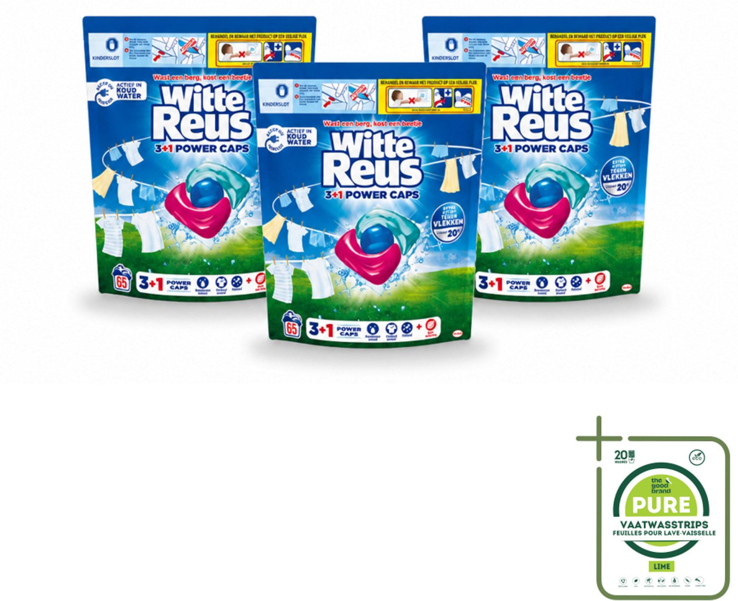 3 x Witte Reus - 3+1 Power Caps - Witte Was - 65 Wasbeurten - Grootverpakking - Vaatwasstrips - Witte Reus Power Caps - Wascapsules - Reiniging - Frisheid - Vlekverwijdering