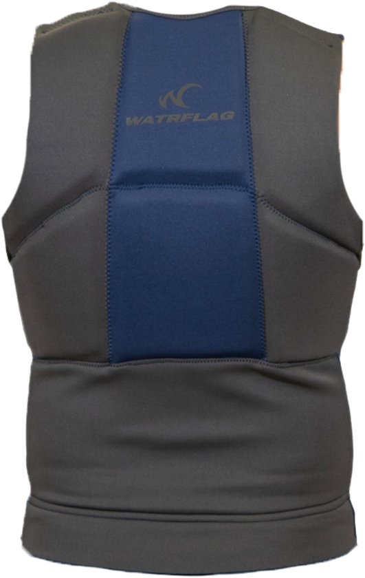 Achterkant van het grijze en blauwe Watrflag impactvest met merklogo.