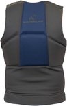 Achterkant van het grijze en blauwe Watrflag impactvest met merklogo.
