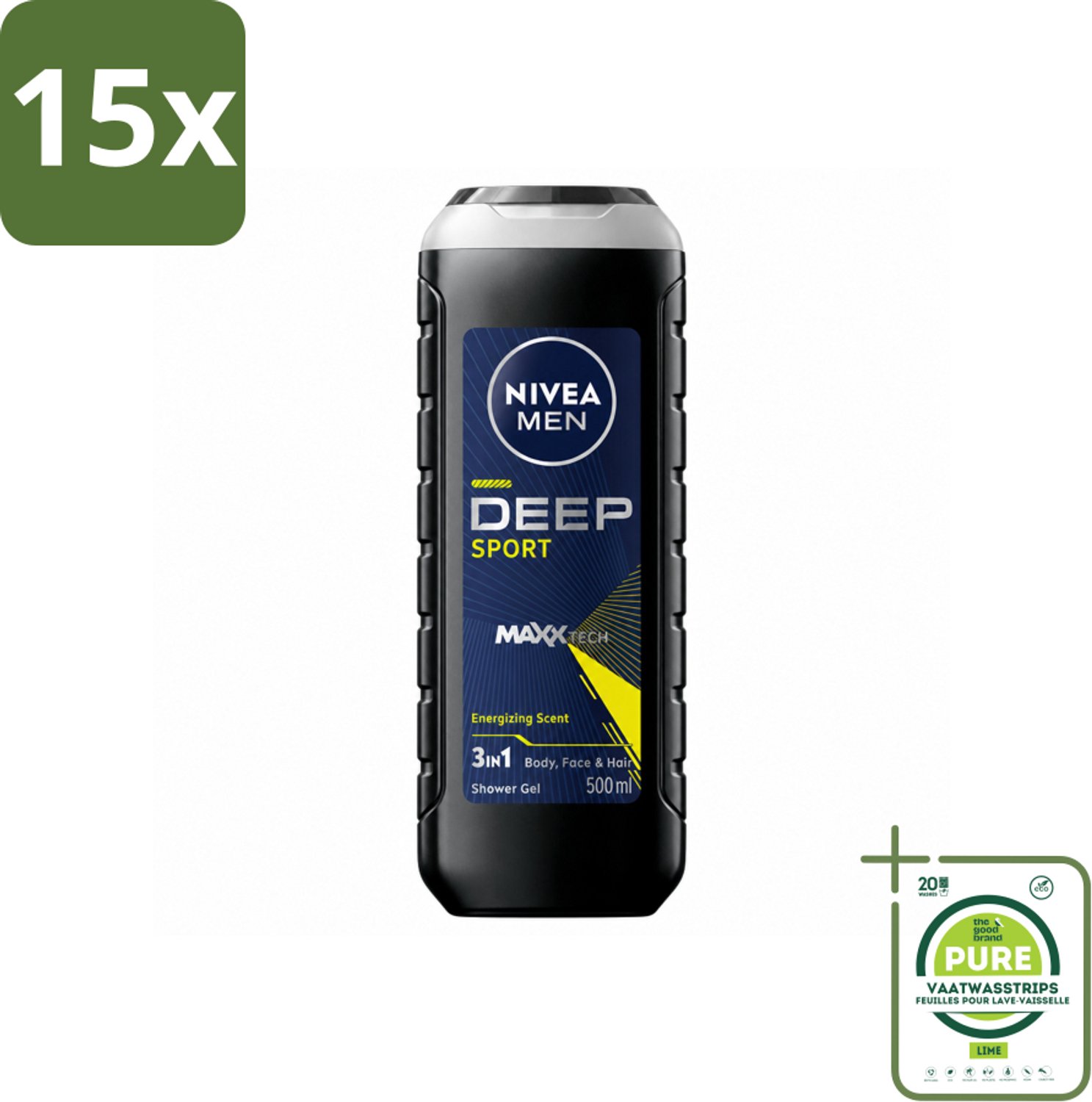 15 x NIVEA MEN - Douchegel - Deep Sport - 500 ml - Grootverpakking - Vaatwasstrips - Sportdouchegel - Mannelijke Douchegel - Diepe Reiniging - Zweet Verwijderen - Frisheid