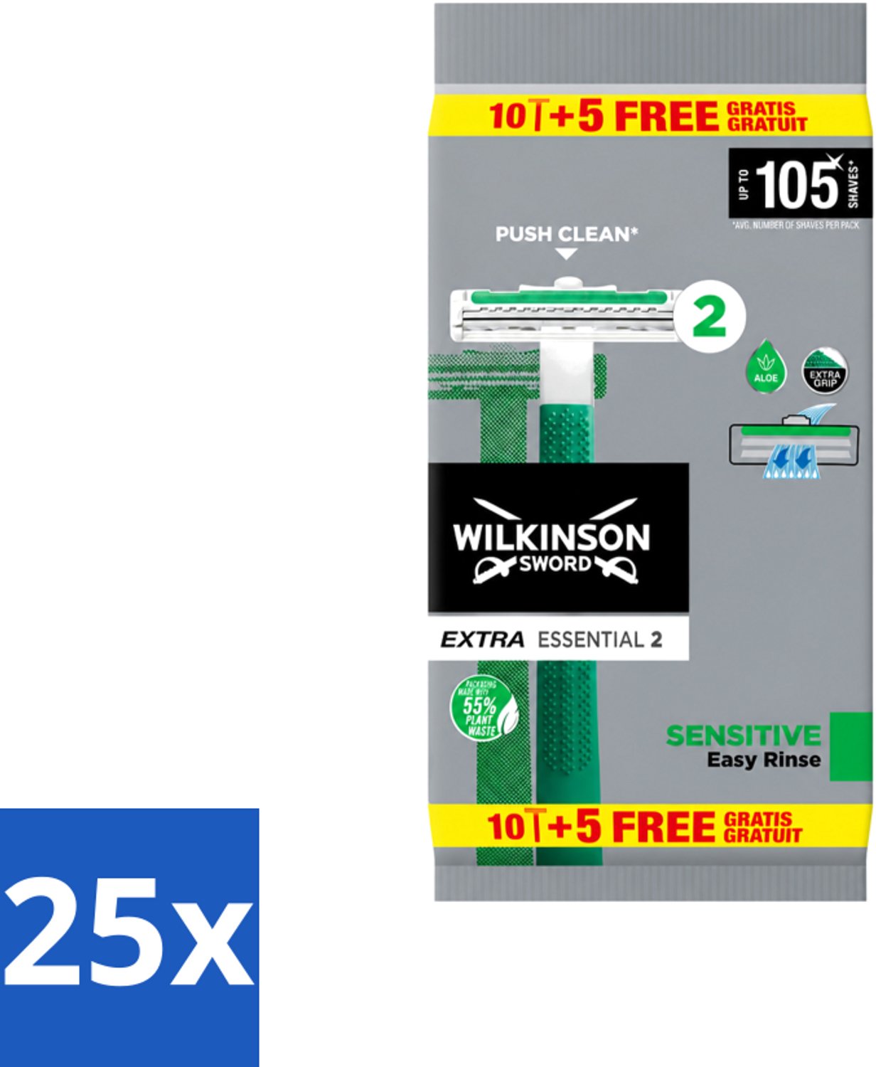 25 x Wilkinson - Wegwerpscheermesjes - Extra Essential 2 Sensitive - Zacht - 15 mesjes - Voordeelverpakking - 25 stuks