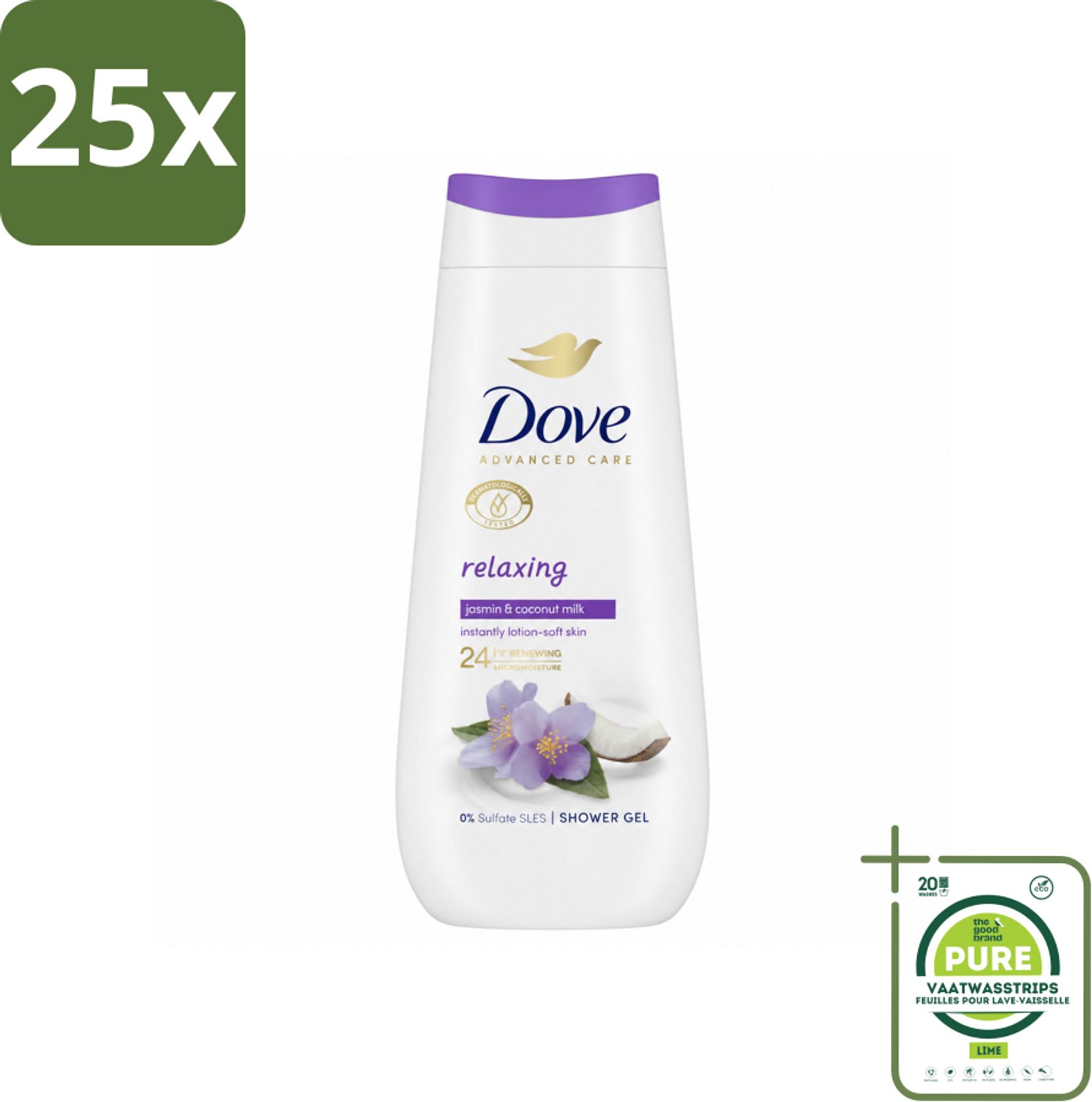 25 x Dove Douchecrème - Relaxing - Kokos & Jasmijn - 225 ml - Grootverpakking - Vaatwasstrips - Douchegel - Ontspannen Douche - Huid Verzorging - Hydratatie - Jasmijn Geur
