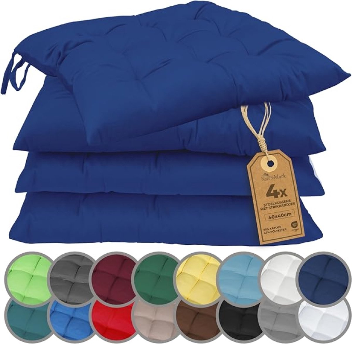 4-delige Set Stoelkussens met Banden 40x40 cm – Tuinstoelkussen voor Binnen en Buiten – Marineblauw