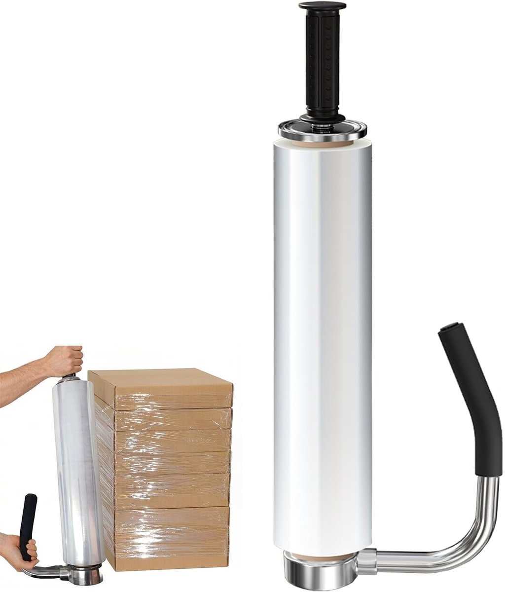 Handmatige stretchfilm dispenser met antislip handvat en hoogteverstelling voor 30-50 cm filmbreedte, ideaal voor zware pallets en grote verpakkingen