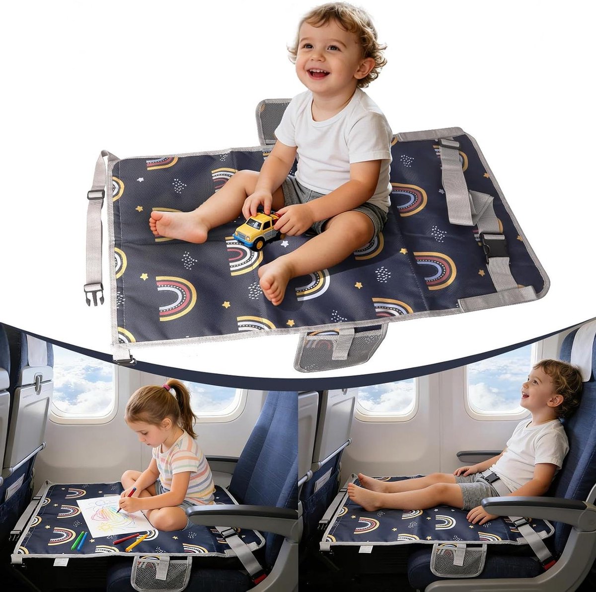 Zitverlenging Kinderen - Vliegtuig Bed - Comfortabel Reizen - Meer Ruimte - 76 x 44.5 cm - Regenboog