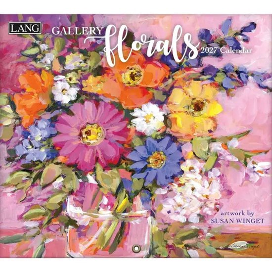 LANG Gallery Florals 2027 kalender met een kleurrijk boeket van roze, oranje en gele bloemen met groen gebladerte in een glazen vaas.