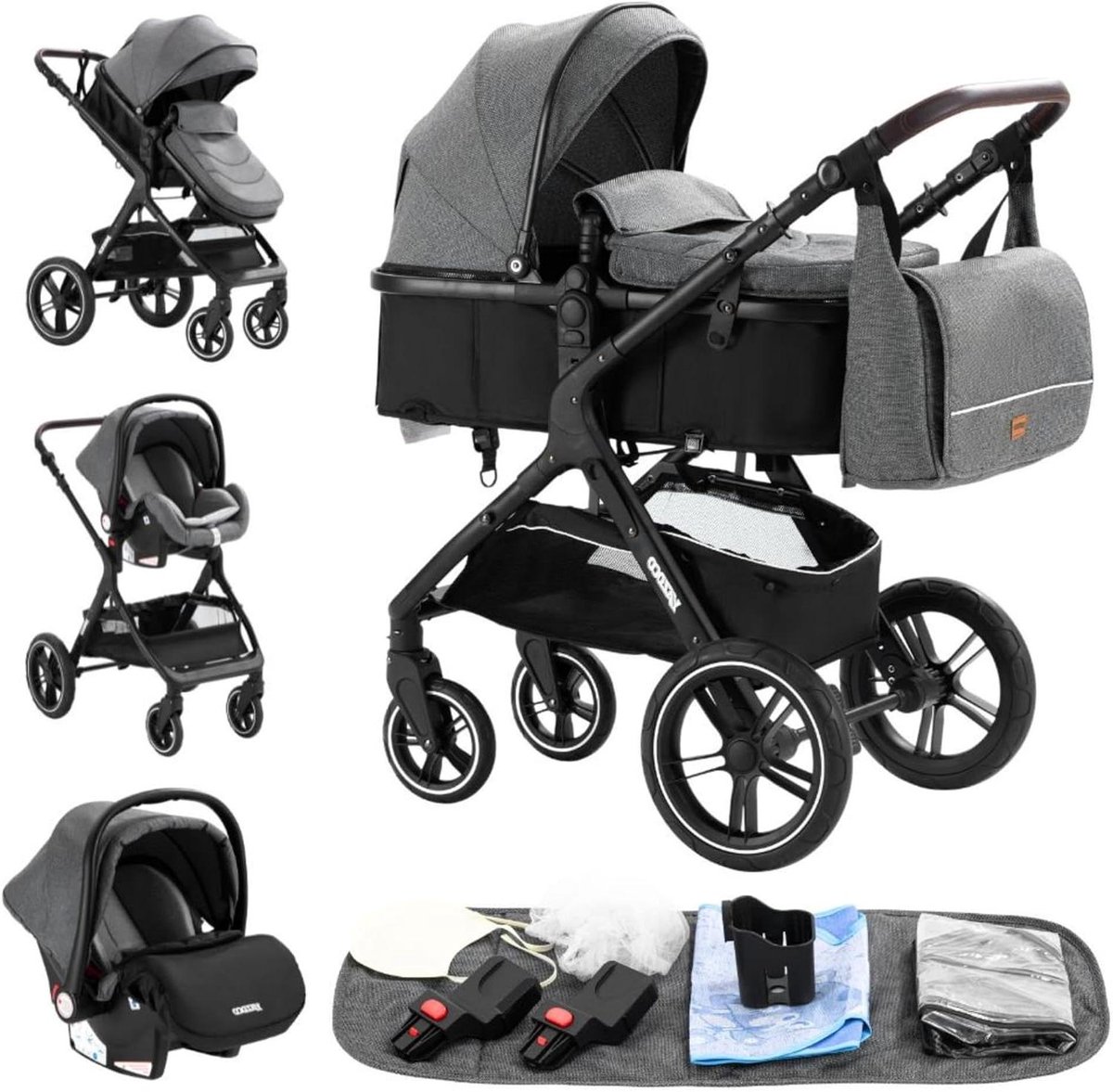 Kinderwagen 3-in-1 - Combi kinderwagen - Kind vervoeren - Compact opvouwbaar - 60 x 40 cm - Grijs