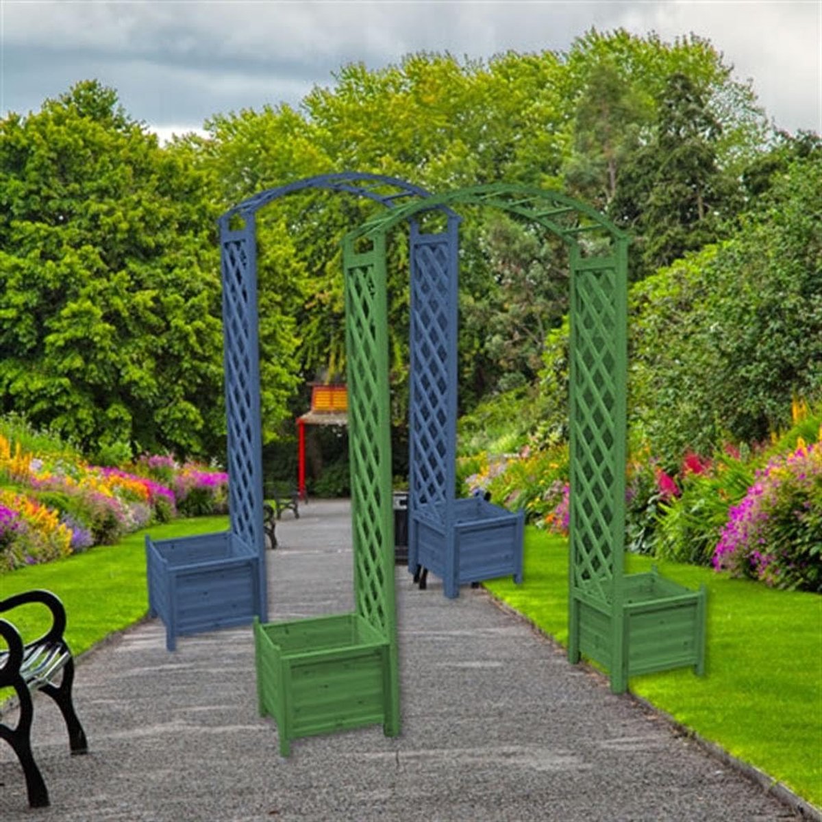 Houten Rozenboog - Tuinboog Klimhulp - Planten Decoratie - Met Geïntegreerde Bloembakken - 179 x 41 x 208 cm - Zwart
