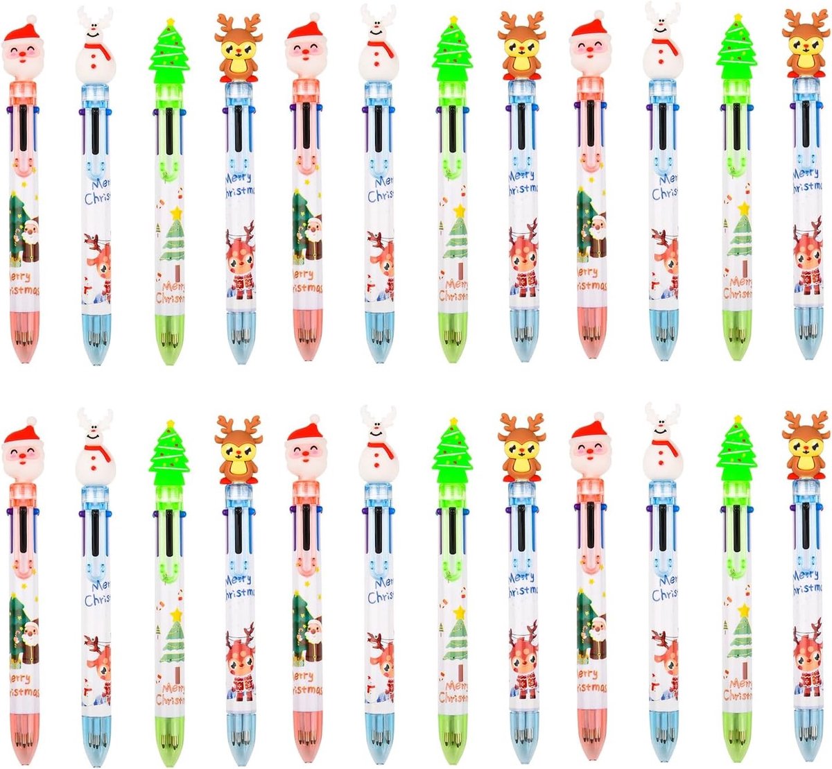 6-in-1 intrekbare kerstbalpennen met sneeuwpop, rendier en kerstboom - kleurrijke balpennen voor school en kantoor, ideaal als kerstcadeau