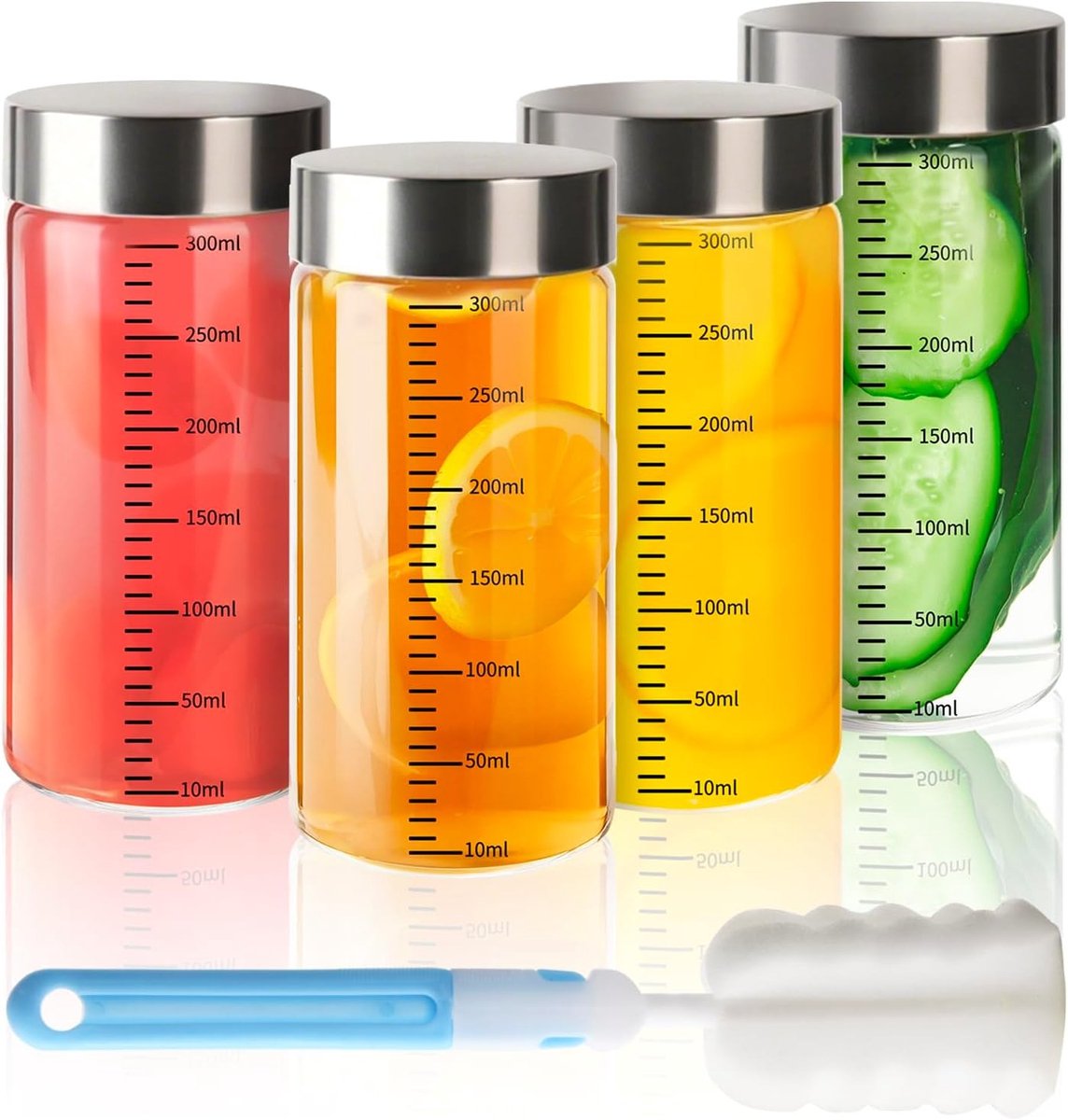 Set van 4 Herbruikbare Glazen Flessen van 300 ml met Meetlijn, Ideaal voor Smoothies, Sap en Dranken, RVS Deksel, Vaatwasserbestendig en BPA-vrij