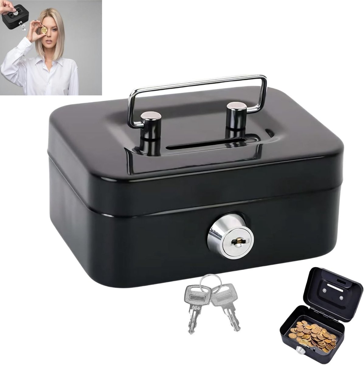 Draagbare Geldcassette met Sleutel, Lockable Geldbox voor Thuis, Kantoor en Evenementen, 11.5 x 8.5 x 5 cm, Ideaal voor Contant Geld en Spaarpot