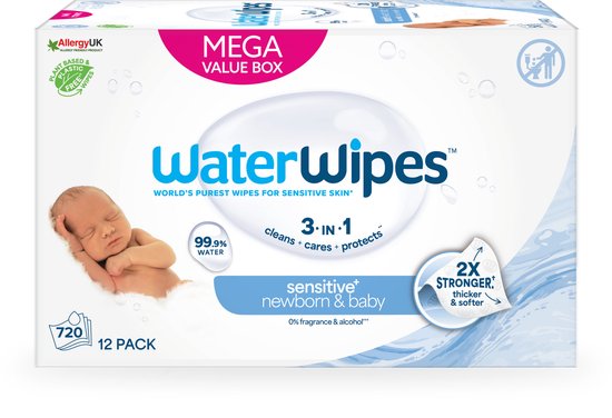 WaterWipes MEGA VALUE BOX verpakking met 12 pakken (720 doekjes) voor pasgeborenen en baby's. Met afbeelding van slapende baby.