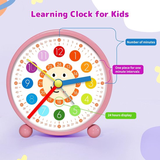Kinderwekker Analoog - Leerwekker Klok - Tijd Leren - Geruisloze Werking - 10 x 3.81 x 10 cm - Roze — afbeelding 4