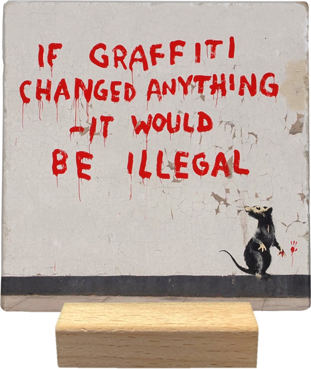 Artige Decoratie tegel met tekst - If graffiti changed anything - natuursteen - 10x10 cm - inclusief houder rood