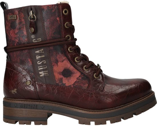 Enkele rode Mustang veterlaars met bloemenprint, veters, rits en dikke profielzool.