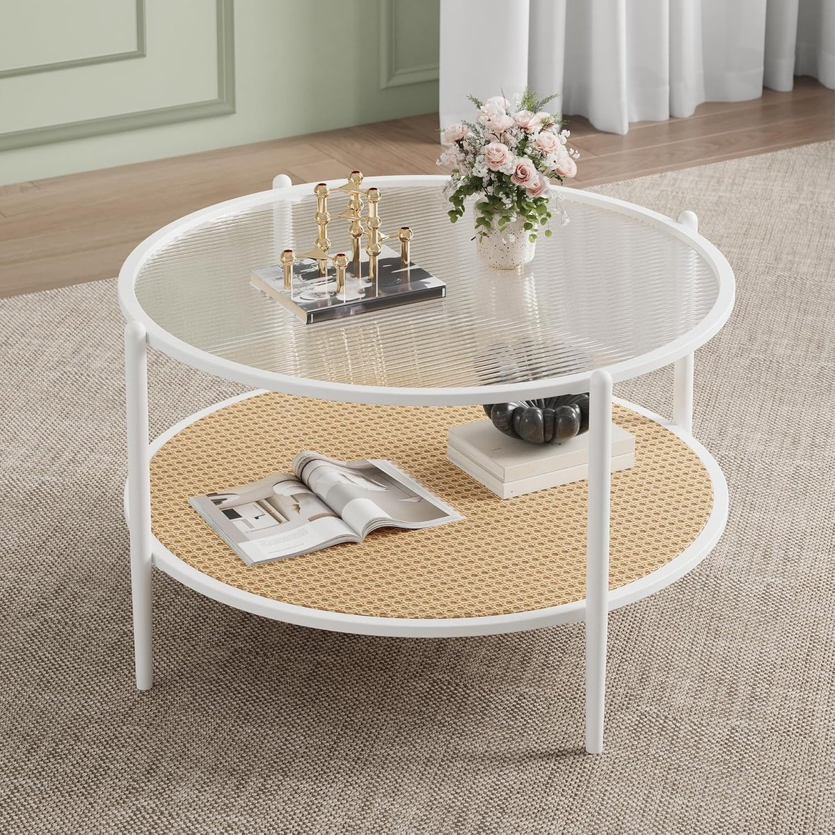 Danky Ronde Salontafel met Glazen Blad & Rotan Opbergvak - Ø 78 cm - 2-Laags Mid-Century Boho Koffietafel - Gehard Glas & Metalen Frame - Houten Look wit