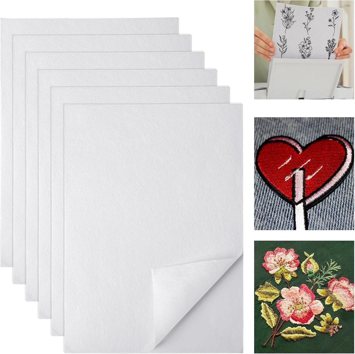 6 stuks A4 (29,7 x 21 cm) zelfklevend in water oplosbaar borduurvlies, bedrukbaar borduurpapier voor borduursjablonen, in water oplosbaar, ideaal voor handmatig en machinaal borduurwerk