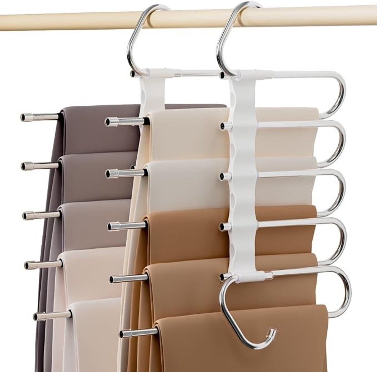 PolkaHome Broekhanger 5-in-1, Ruimtebesparende Kledinghanger voor Broeken en Sjaals, Wit, 2 Stuks