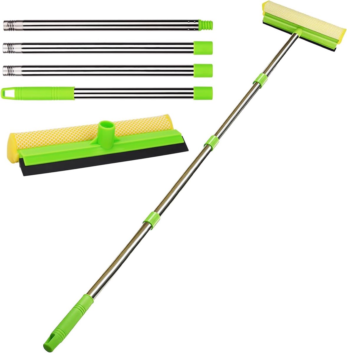 Dailygoods - Raamreiniger - 2-in-1 ruitensproeierset - 147 cm uitschuifbaar - Groene spons wisser - Geschikt voor vrachtwagens en ramen