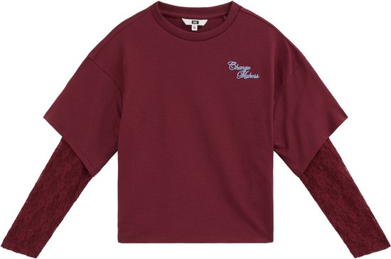 Bordeaux T-shirt met lange kanten mouwen en opdruk 'Change Makers'.