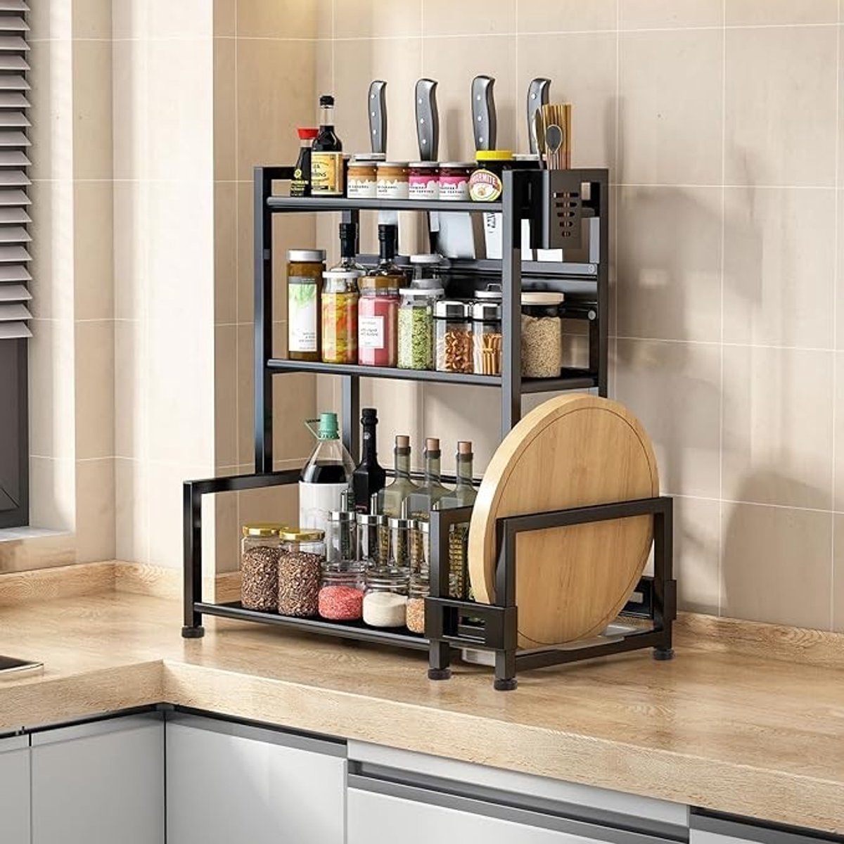 PolkaHome Kruidenrek 3 Etages Zwart – Keukenorganizer met Messenhouder en Haken