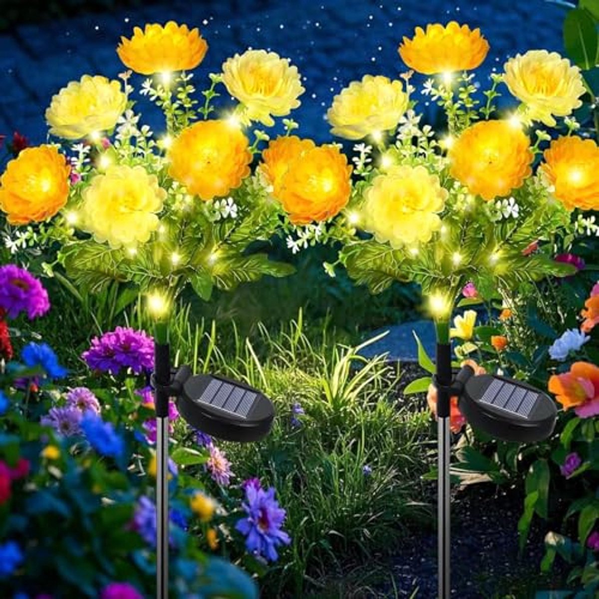Namajunas - 2 stuks Bloemvormige lampen op zonne-energie - 14 Led lampjes buiten - Met grondspies en op zonneenergie - Solar Tuinverlichting - Sfeerverlichting - Solar Lights voor Tuin, Pad, Feestdecoratie - Energiebesparing - Prikkabels voor de tuin