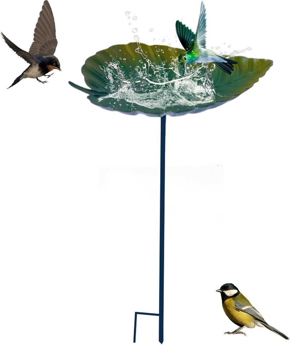 Vogelbad Voederstation - Tuin Decoratie - Vogels Voeren - Bladvorm Design - 83 cm Hoog - Groen