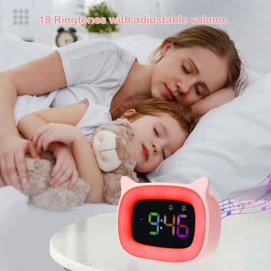 Kinder Wekker - Digitale Klok - Wakker Worden - 8 Kleuren Nachtlampje - 11.5 x 9 cm - Roze — afbeelding 4
