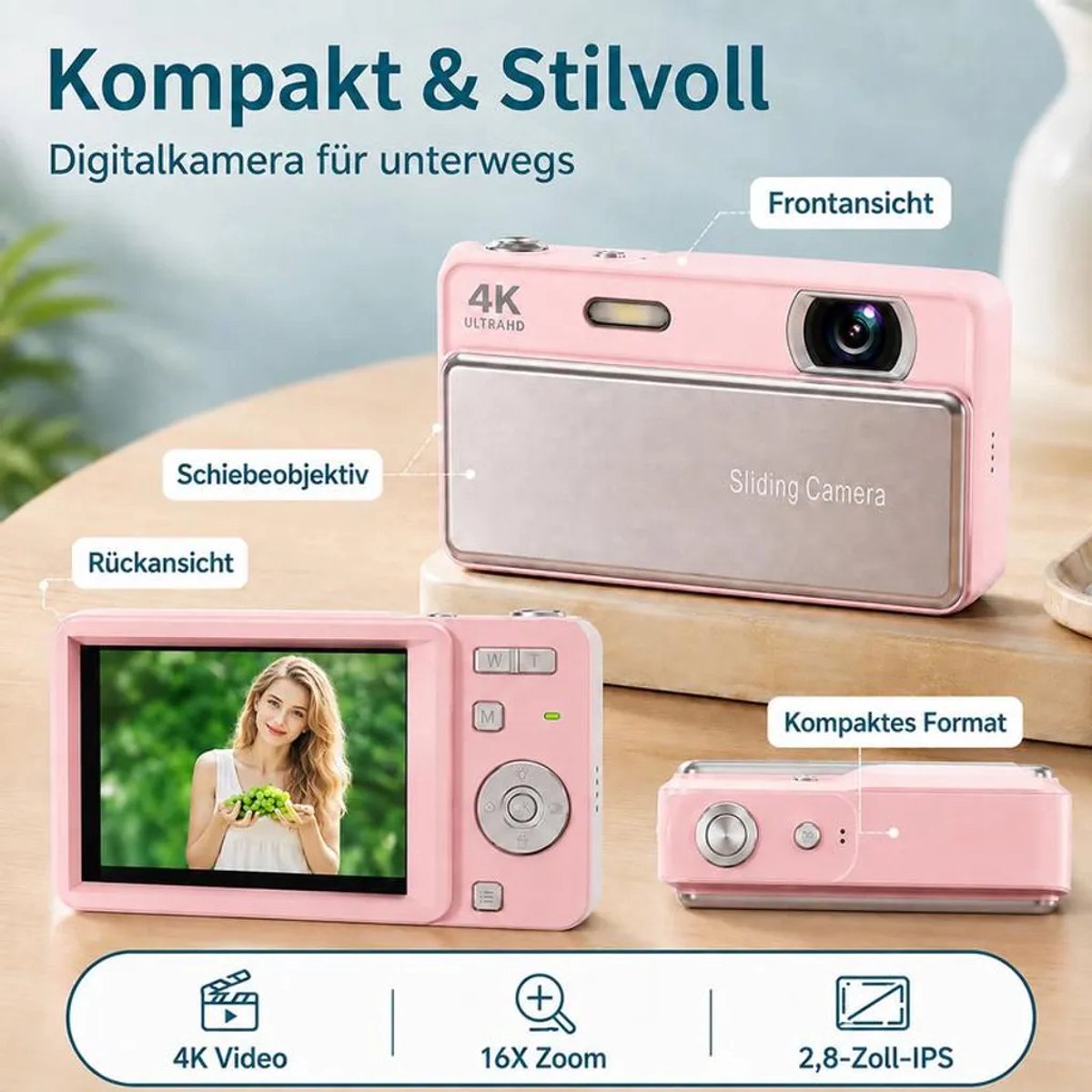 Een digitale schuifcamera geschikt voor een resolutie van 64 MP, 4K-video-opname, 16x optische zoom, autofocus, een 2,8-inch scherm, een Type-C-poort en een compact, draagbaar ontwerp – ideaal geschikt voor vloggers, reizigers en studenten.
