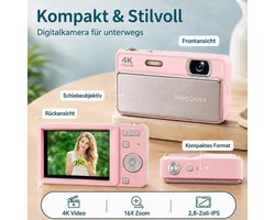 Een digitale schuifcamera geschikt voor een resolutie van 64 MP, 4K-video-opname, 16x optische zoom, autofocus, een 2,8-inch scherm, een Type-C-poort en een compact, draagbaar ontwerp – ideaal geschikt voor vloggers, reizigers en studenten.