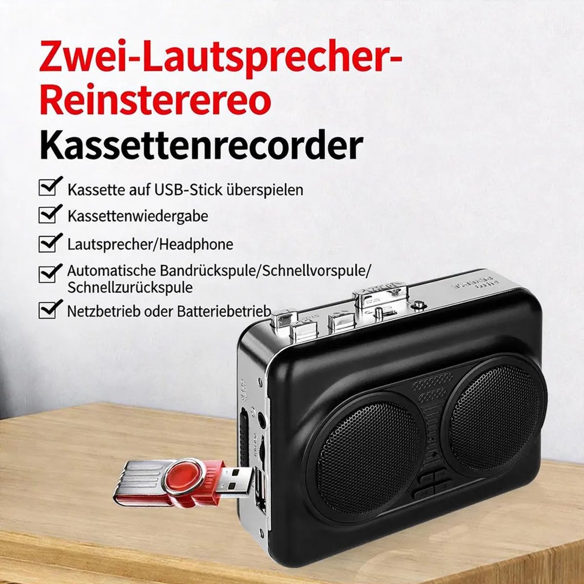 Draagbare cassettespeler geschikt voor stereoluidsprekers, USB-cassette-naar-MP3-converter, automatische omkeerfunctie en 3,5 mm AUX-aansluiting.
