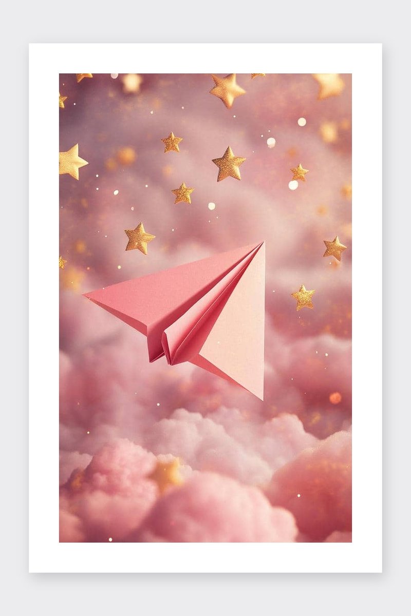 Papieren Vliegtuig Poster - Roze - Minimalistisch - Kleurrijk - Ster - Kinderkamer - Kinder - Origami - posters - formaat 30x40cm - Wanddecoratie - BXS5154AZ - Met kader - passe-partouts stijl