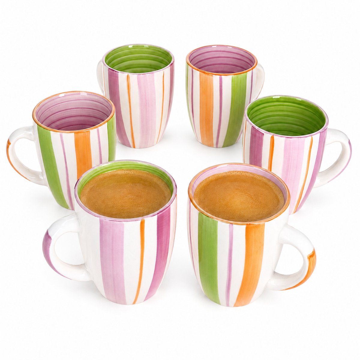 6-delige set TROPICANA koffiemokken 3x binnenin groen & 3x binnenin paars van steengoed