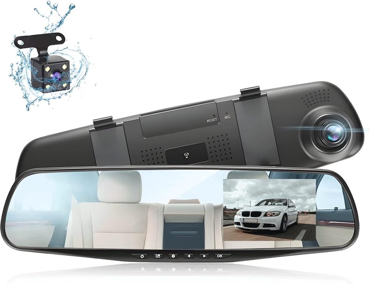 Dashcam 4,3 inch 1080P met voor- en achteruitrijcamera, achteruitkijkspiegelcamera met 7 m kabel, G-sensor, loop recording, parkeermodus en ondersteuning voor microSD-kaart