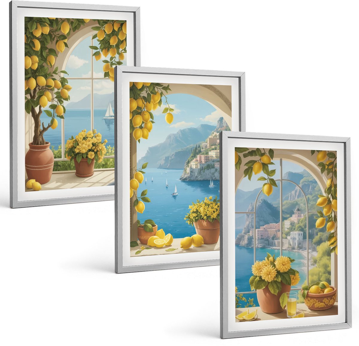 Coloray 3-Delige Schilderij Set - Zeegezichten Met Italiaanse Citroenen In De Ramen. - 40 x 60 cm - Muurdecoratie - Schilderijen Set - Woonkamer - Wanddecoratie