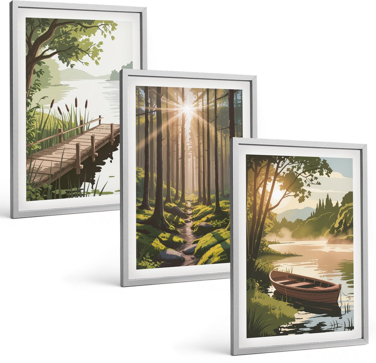 Coloray 3-Delige Schilderij Set - Rustige Landschappen Van Bos En Meer Met Een Boot - 40 x 60 cm - Decoratieve Schilderijen - Woonkamer - Interieur