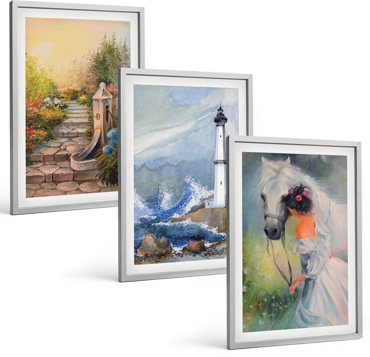 Coloray 3-Delige Schilderij Set - Natuurlandschap, Vuurtoren En Meisje Met Paard - 40 x 60 cm - Schilderijen Set - Wanddecoratie - Woonkamer - Woonkamer Decoratie