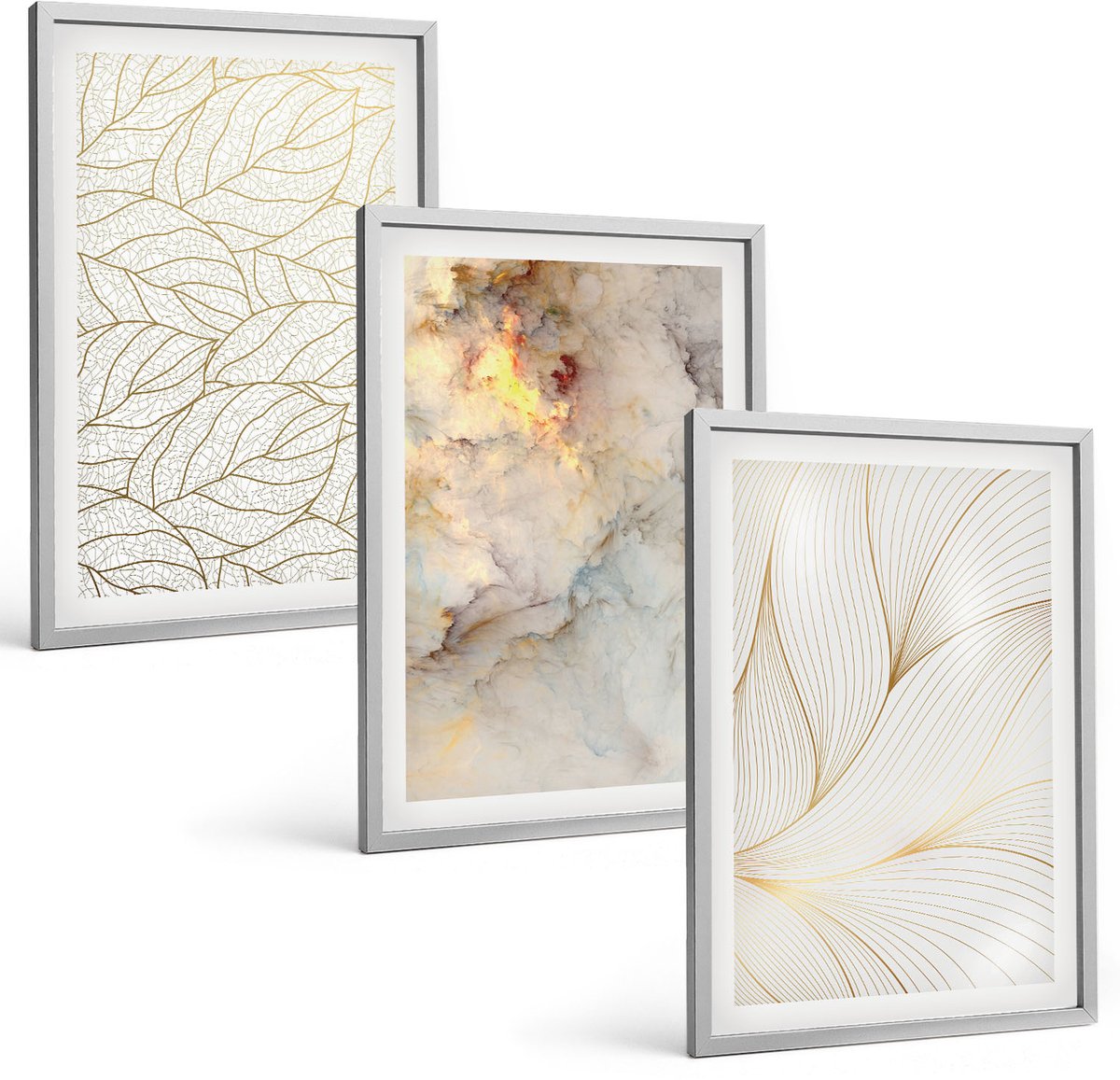 Coloray 3-Delige Schilderij Set - Lineaire Bladpatronen Abstract Marmer - 40 x 60 cm - Wanddecoratie - Muurdecoratie - Moderne Interieurdecoratie - Stijlvolle Muurdecoratie