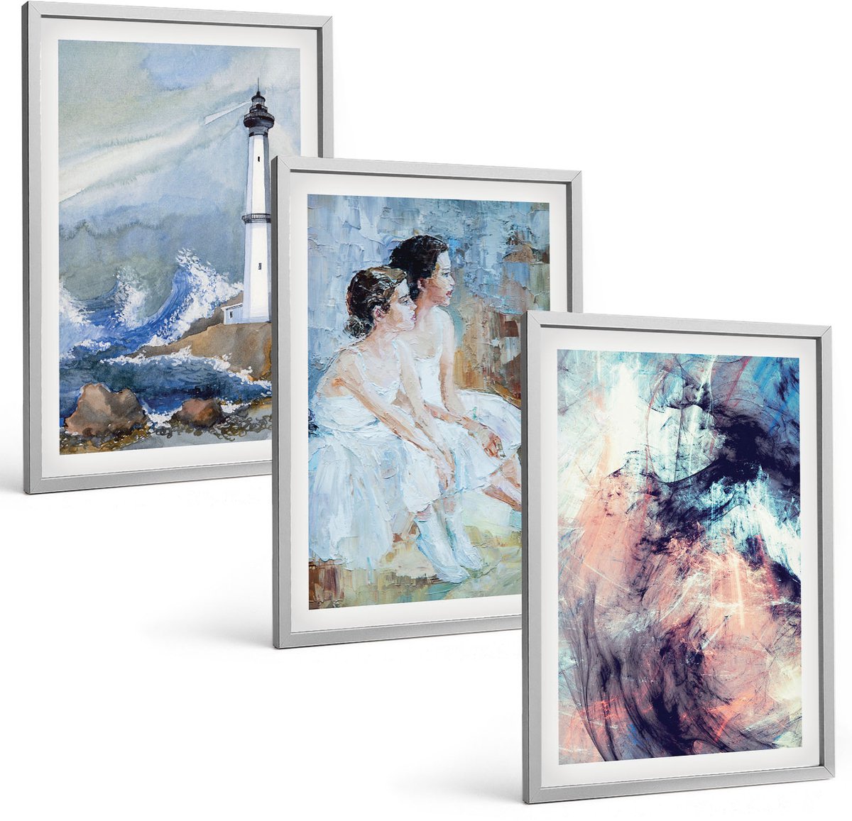 Coloray 3-Delige Schilderij Set - Abstracte Geschilderde Vuurtoren En Dansers - 40 x 60 cm - Moderne Wanddecoratie - Slaapkamer - Muurdecoratie