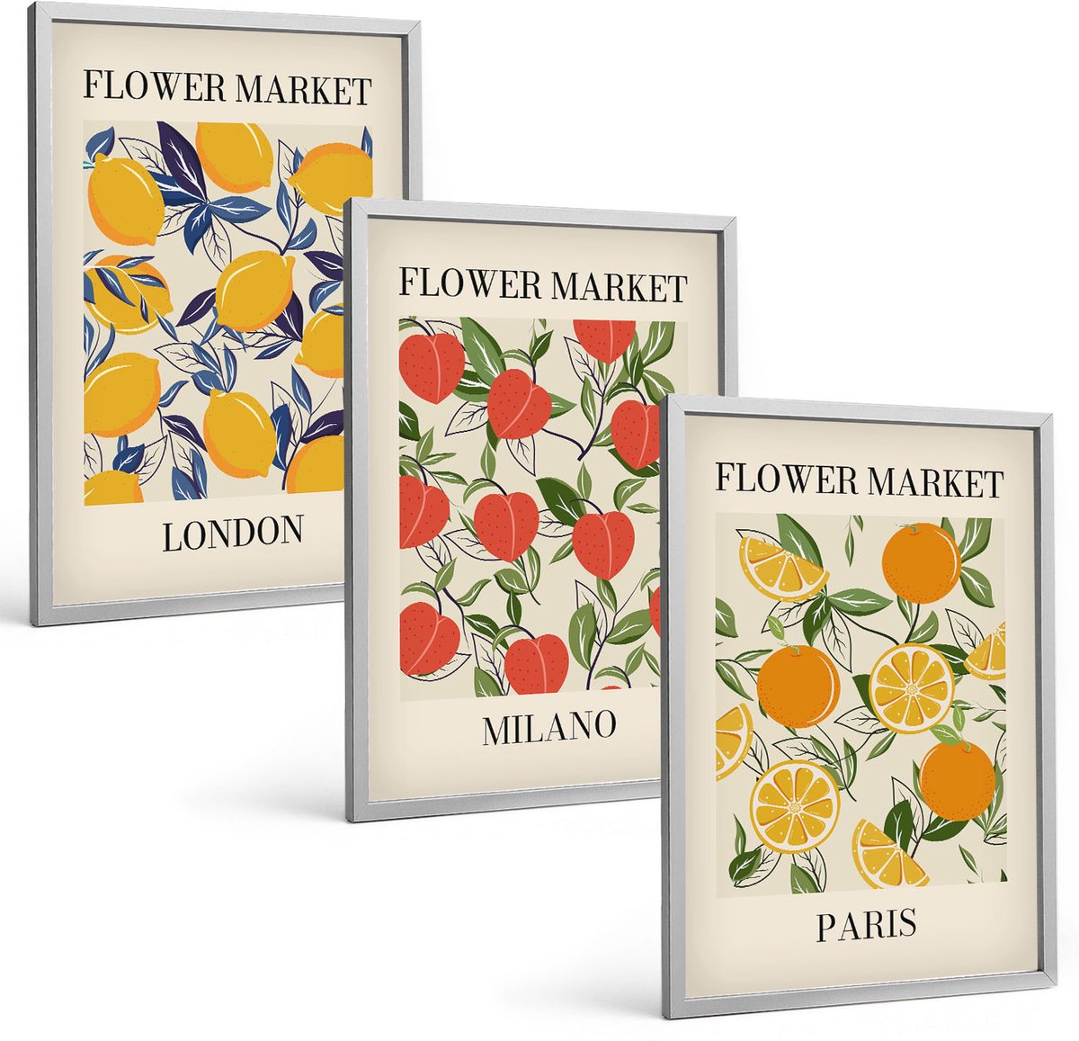Coloray 3-Delige Schilderij Set - Bloemenposters In Londen, Milaan En Parijs - 40 x 60 cm - Muurdecoratie - Schilderijen Set - Woonkamer
