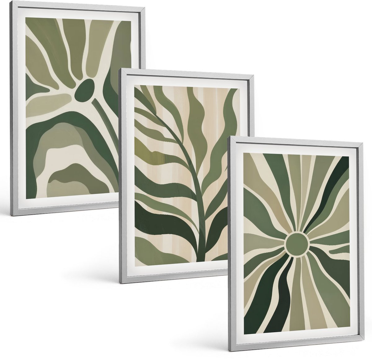 Coloray 3-Delige Schilderij Set - Plantenpatronen In Tinten Groen En Beige - 40 x 60 cm - Muurdecoratie - Decoratieve Schilderijen - Wohnzimmer - Interieur Decoratie
