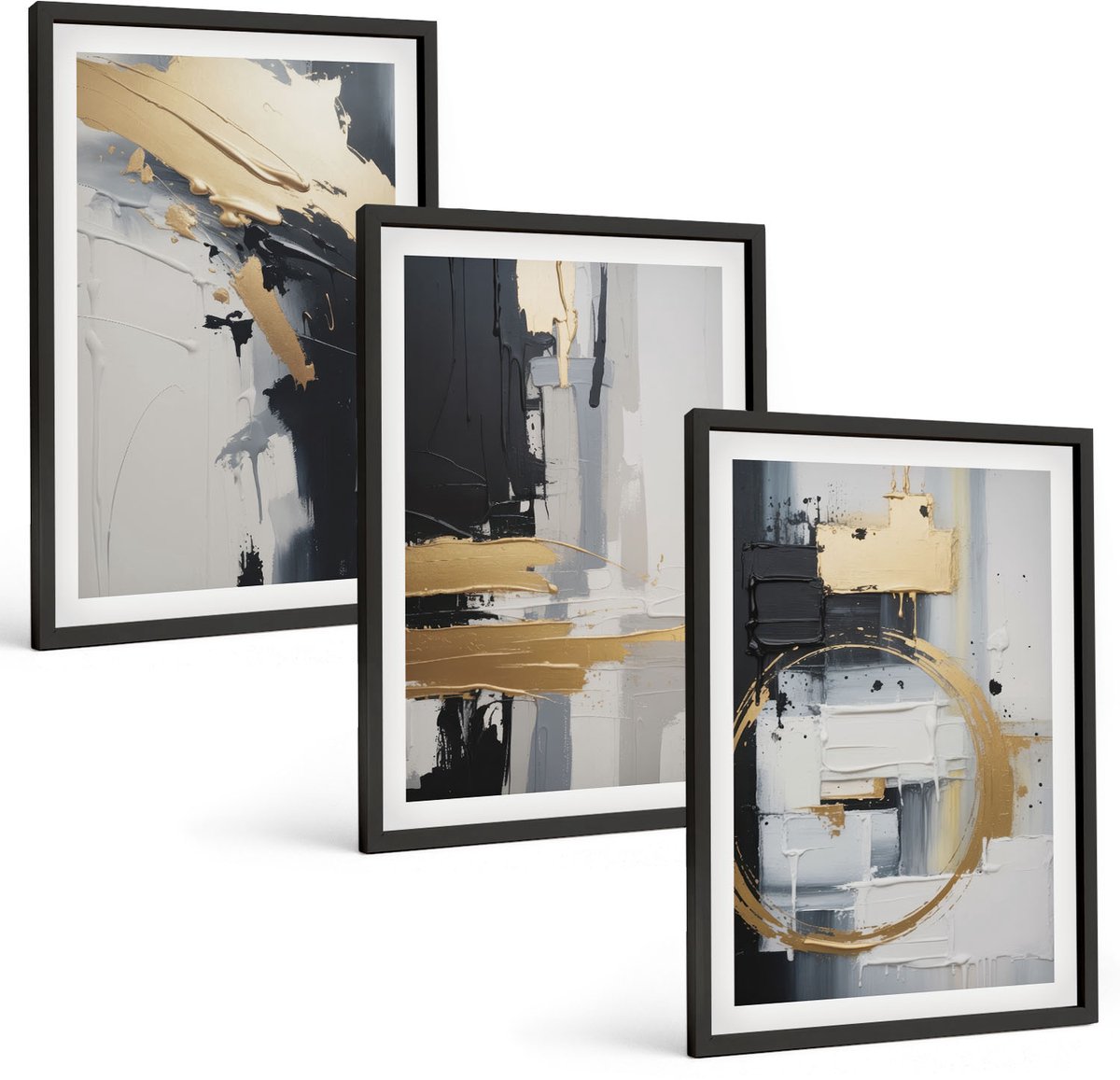 Coloray 3-Delige Schilderij Set - Abstracte Schilderijen In Zwart-Wit - 40 x 60 cm - Decoratieve Schilderijen - Wanddecoratie - Hal Zwarte lijst