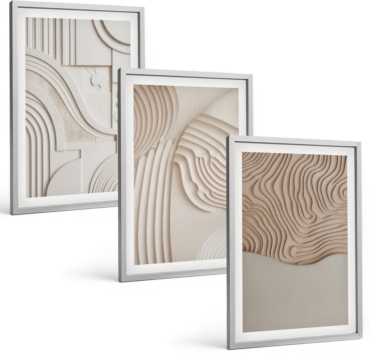 Coloray 3-Delige Schilderij Set - Abstracte Patronen In Beige En Witte Tinten. - 40 x 60 cm - Schilderijen Set - Wanddecoratie - Woonkamer - Interieur Decoratie